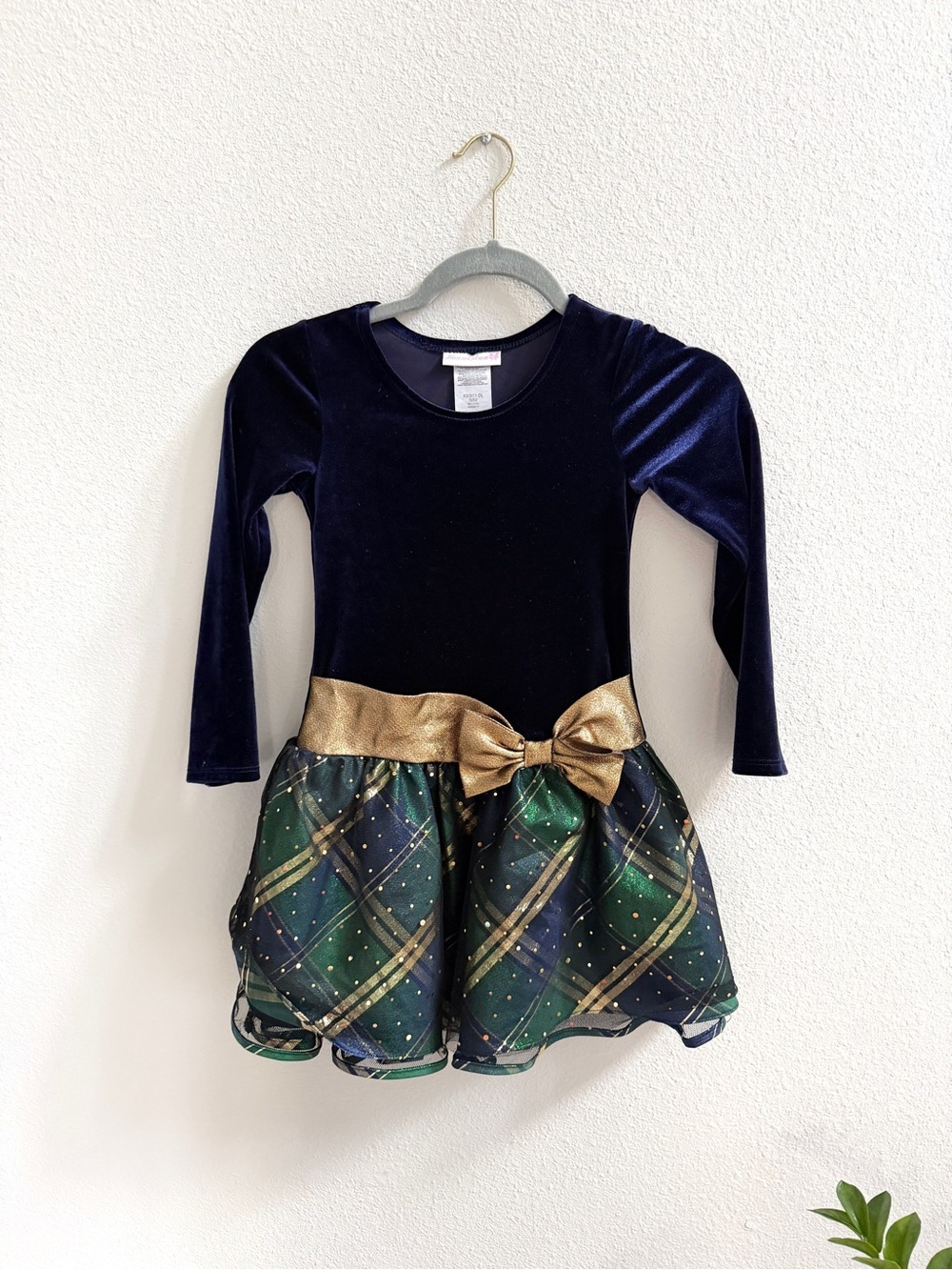 Bonnie Jean Girls Navy Velvet and Green Holiday Dress Size 6